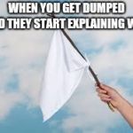 White Flag | WHEN YOU GET DUMPED AND THEY START EXPLAINING WHY | image tagged in white flag | made w/ Imgflip meme maker