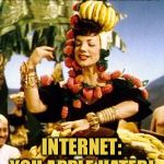 Fruit lady | ME: I LOVE BANANAS! INTERNET: YOU APPLE HATER! | image tagged in fruit lady | made w/ Imgflip meme maker