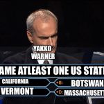 Who wants to be a millionaire | YAKKO WARNER; NAME ATLEAST ONE US STATE; CALIFORNIA; MASSACHUSETTS; BOTSWANA; VERMONT | image tagged in who wants to be a millionaire,massachusetts,california,animaniacs,usa | made w/ Imgflip meme maker