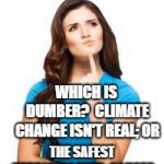confused woman | WHICH IS DUMBER?  CLIMATE CHANGE ISN'T REAL; OR; THE SAFEST HERBICIDE EVER, CAUSES CANCER AND KILLS BEES? | image tagged in confused woman | made w/ Imgflip meme maker