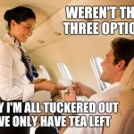 No Me for Thee | WEREN'T THERE THREE OPTIONS? SORRY I'M ALL TUCKERED OUT   SO WE ONLY HAVE TEA LEFT | image tagged in stewardess | made w/ Imgflip meme maker