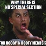 We want it now! | WHY THERE IS NO SPECIAL SECTION; FOR BOOBY 'N BOOTY MEMES!? | image tagged in jersey shore | made w/ Imgflip meme maker