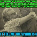 Old couple | JUST REGALED MY WIFE WITH A STORY ABOUT A GROCERY COUPON THAT SHOULD HAVE WORKED BUT DIDN’T BUT THEN THE GUY GOT IT TO WORK AFTER ALL. DON’T TELL ME THE SPARK IS GONE | image tagged in old couple | made w/ Imgflip meme maker