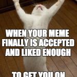 Hot list of Memes | WHEN YOUR MEME FINALLY IS ACCEPTED AND LIKED ENOUGH; TO GET YOU ON THE HOT MEME LIST | image tagged in praising cat | made w/ Imgflip meme maker