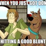 Stoned Scooby Doo and Shaggy | WHEN YOU JUST GOT DONE; HITTING A GOOD BLUNT | image tagged in stoned scooby doo and shaggy | made w/ Imgflip meme maker