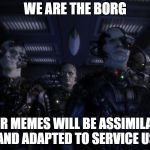 Your Memes Will Be Assimilated | WE ARE THE BORG; YOUR MEMES WILL BE ASSIMILATED AND ADAPTED TO SERVICE US | image tagged in random borg drones,we are the borg,your memes,assimilated,adapted | made w/ Imgflip meme maker