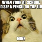 Suprised Cat | WHEN YOUR AT SCHOOL AND SEE A PENCIL ON THE FLOOR; MINE | image tagged in suprised cat | made w/ Imgflip meme maker
