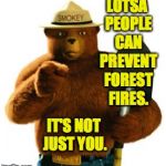 Hell, you don't even camp. | LOTSA PEOPLE CAN PREVENT FOREST FIRES. IT'S NOT JUST YOU. | image tagged in smokey bear,memes,relax | made w/ Imgflip meme maker