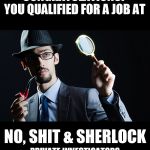 No, Shit & Sherlock - Private Investigators. When the research job at Obvious Enterprises is already taken. | CONGRATULATIONS! YOU QUALIFIED FOR A JOB AT; NO, SHIT & SHERLOCK; PRIVATE INVESTIGATORS | image tagged in shit,sherlock,private,investigators,no shit & sherlock private investigators | made w/ Imgflip meme maker
