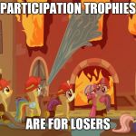 Flamewar | PARTICIPATION TROPHIES; ARE FOR LOSERS | image tagged in flamewar | made w/ Imgflip meme maker