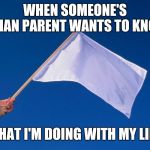 White flag | WHEN SOMEONE'S ASIAN PARENT WANTS TO KNOW; WHAT I'M DOING WITH MY LIFE | image tagged in white flag,high expectations asian father | made w/ Imgflip meme maker