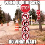 stop sign | WHEN UR GIRL SAYS; DO WHAT WANT | image tagged in stop sign | made w/ Imgflip meme maker