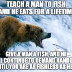 No Free Handouts | TEACH A MAN TO FISH AND HE EATS FOR A LIFETIME; GIVE A MAN A FISH, AND HE WILL CONTINUE TO DEMAND HANDOUTS UNTIL YOU ARE AS FISHLESS AS HE IS | image tagged in fish and bear | made w/ Imgflip meme maker