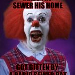 Bad Luck Pennywise | MADE THE SEWER HIS HOME; GOT BITTEN BY A RABID SEWER RAT | image tagged in bad luck pennywise,memes,bad luck brian,funny,halloween,it clown | made w/ Imgflip meme maker