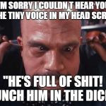 Voices | I'M SORRY I COULDN
T HEAR YOU OVER THE TINY VOICE IN MY HEAD SCREAMING; "HE'S FULL OF SHIT! PUNCH HIM IN THE DICK!" | image tagged in voices,memes | made w/ Imgflip meme maker