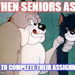tom and jerry | WHEN SENIORS ASK; YOU TO COMPLETE THEIR ASSIGNMENT | image tagged in tom and jerry | made w/ Imgflip meme maker