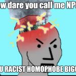 ERROR CODE: NPC | How dare you call me NPC? YOU RACIST HOMOPHOBE BIGOT! | image tagged in npc meltdown,error 404,npc,triggered liberal,super_triggered,computer suicide | made w/ Imgflip meme maker