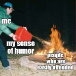 The internet wouldn't be half the fun without all the easily offended people! | me; my sense of humor; people who are easily offended | image tagged in pouring gas on fire,easily offended,offensive,dark humor,trolling,memes | made w/ Imgflip meme maker