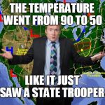 This is how the highs are about the third week of October in Middle Georgia. | THE TEMPERATURE WENT FROM 90 TO 50; LIKE IT JUST SAW A STATE TROOPER | image tagged in weather dude,winter,georgia,joke,state trooper,memes | made w/ Imgflip meme maker