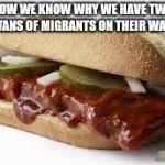 Now we know why thousands of people are on their way here from Honduras. The McRib is back! | NOW WE KNOW WHY WE HAVE TWO CARAVANS OF MIGRANTS ON THEIR WAY HERE | image tagged in mcrib,migrant caravans | made w/ Imgflip meme maker