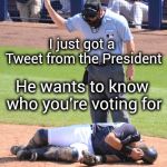 Trump is a Yankees' fan , I think | I just got a Tweet from the President; He wants to know who you're voting for | image tagged in umpire and catcher,there's no crying in baseball,watching tv,donald trump,world series | made w/ Imgflip meme maker