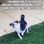 chancla dog | YOU WHEN YOU STEAL 500 DOLLARS FROM YOUR MOM'S CREDIT CARD FOR A FORTNITE BATTLE PASS | image tagged in chancla dog | made w/ Imgflip meme maker