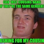 Legal matters and family matters. | CAN 1RST COUSINS BANG IF THEY'RE THE SAME GENDER? ASKING FOR MY COUSIN | image tagged in 10 guy | made w/ Imgflip meme maker