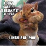 diet | I DON’T CARE IF I ATE BREAKFAST AT 10:45; LUNCH IS AT 12:00 | image tagged in diet | made w/ Imgflip meme maker