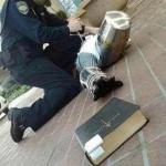 Arrested crusader reaching for book