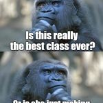 Thinking Gorilla On the One Hand | Is this really the best class ever? Or is she just making a point about hyperbole?? | image tagged in thinking gorilla on the one hand | made w/ Imgflip meme maker