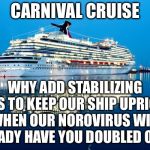 Carnival Cruise passengers tilting because of norovirus | CARNIVAL CRUISE; WHY ADD STABILIZING FINS TO KEEP OUR SHIP UPRIGHT, WHEN OUR NOROVIRUS WILL ALREADY HAVE YOU DOUBLED OVER? | image tagged in carnival,memes,virus,cruise,travel,boat | made w/ Imgflip meme maker