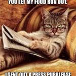 Newspaper cat | YES, I TOLD THE PRESS YOU LET MY FOOD RUN OUT. I SENT OUT A PRESS PURRLEASE. MAYNARD MODERN MEDIA | image tagged in newspaper cat | made w/ Imgflip meme maker