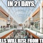 It's a Black Friday joke. | IN 21 DAYS, THE MALLS WILL RISE FROM THE DEAD | image tagged in shopping mall | made w/ Imgflip meme maker