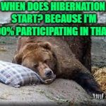 Hibernation Bear | WHEN DOES HIBERNATION START? BECAUSE I'M 100% PARTICIPATING IN THAT!! | image tagged in hibernation,sleep,funny,memes,funny memes | made w/ Imgflip meme maker
