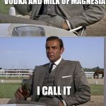 Bad Pun Bond | I MADE A COCKTAIL FROM VODKA AND MILK OF MAGNESIA; I CALL IT; A PHILLIPSH SHCREWDRIVER | image tagged in bad pun bond,bad puns,cocktails,drinking,fishing for upvotes,raydog | made w/ Imgflip meme maker