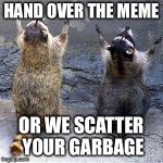 Praying Raccoons | HAND OVER THE MEME; OR WE SCATTER YOUR GARBAGE | image tagged in raccoons,stolen | made w/ Imgflip meme maker