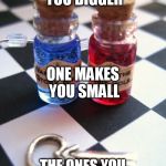 wonderland red pill blue pill | ONE MAKES YOU BIGGER; ONE MAKES YOU SMALL; THE ONES YOU TOOK DO NOTHING AT ALL | image tagged in wonderland red pill blue pill | made w/ Imgflip meme maker