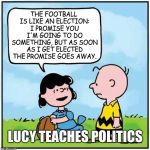 So that's what they mean by a 'political football'? Makes so much sense now. | THE FOOTBALL IS LIKE AN ELECTION: I PROMISE YOU I'M GOING TO DO SOMETHING, BUT AS SOON AS I GET ELECTED THE PROMISE GOES AWAY. LUCY TEACHES POLITICS | image tagged in charlie brown football,memes,politics,elections,metaphors,peanuts | made w/ Imgflip meme maker