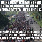 Migrant Caravan | BEING DISSATISFIED IN THEIR COUNTRY OF ORIGIN THEYVE SET OUT TO FIND A BETTER LIFE IN THE U.S.A... WHY DON'T WE INVADE THEIR COUNTRY WHILE THEY'RE NOT HOME. THEY WANT OUR WAY OF LIFE BUT WE DON'T HAVE "THE ROOM" SO... | image tagged in migrant caravan | made w/ Imgflip meme maker