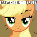 You are a certifiable nutball. | YOU ARE A CERTIFIABLE NUTBALL. | image tagged in applejack with eyebrow,memes,applejack,my little pony,my little pony friendship is magic,funny | made w/ Imgflip meme maker