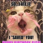 cat frosting birthday cakeday | IT WASN'T "KETO", SO....I ATE IT. I "SAVED" YOU! HAPPY BIRTHDAY, ELSA! | image tagged in cat frosting birthday cakeday | made w/ Imgflip meme maker