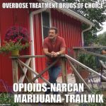 Pondering | OVERDOSE TREATMENT DRUGS OF CHOICE; OPIOIDS-NARCAN           
MARIJUANA-TRAILMIX | image tagged in pondering | made w/ Imgflip meme maker