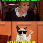Judge Judy and The Cat | DO U HAVE REMORSE FOR WHAT YOU'VE DONE? NOT FOR THE CRIME BUT FOR GETTING CAUGHT ! | image tagged in judge judy and the cat | made w/ Imgflip meme maker