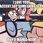 I love your accent | I LOVE YOUE ACCENT,SAY SOMETHING SEXY; HI YO MAMA NIIM | image tagged in i love your accent | made w/ Imgflip meme maker