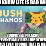 You know life is bad when ___ is worse than Bush Thanos | YOU KNOW LIFE IS BAD WHEN; SURPRISED PIKACHU EVENTUALLY DIES LIKE OTHER MEMES EVEN THOUGH THAT IS MEMES. | image tagged in you know life is bad when ___ is worse than bush thanos | made w/ Imgflip meme maker