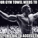 Arnold Schwarzenegger with open arms | YOUR GYM TOWEL NEEDS TO BE; AT LEAST THIS BIG TO ACCESS THE GYM | image tagged in gym,gym etiquette,big,towel,mr olympia | made w/ Imgflip meme maker