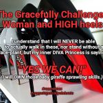 "The Gracefully Challenged Woman and HIGH Heels" | The Gracefully Challenged Woman and HIGH heels:; I understand that I will NEVER be able to actually walk in these, nor stand without a face-plant, but my inner DIVA Princess is saying... "YES WE CAN!"; (I will OWN those baby giraffe sprawling skills.); #rccardenas #unapologeticallyobdurate | image tagged in shoes,high heels,grace,heels,faceplant | made w/ Imgflip meme maker