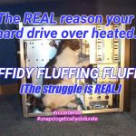 Fluffidy Fluffing Fluffs | The REAL reason your hard drive over heated. FLUFFIDY FLUFFING FLUFFS!! (The struggle is REAL.); #rccardenas #unapologeticallyobdurate | image tagged in techie cat,hard drive,cats | made w/ Imgflip meme maker