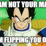 Vegeta says it like it is. | I AM NOT YOUR MAN; I'M FLIPPING YOU OFF | image tagged in vegeta middle finger,dragon ball z,dragon ball z abridged,middle finger,vegeta | made w/ Imgflip meme maker