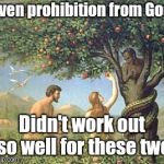 Adam and Eve | Even prohibition from God; Didn't work out so well for these two | image tagged in adam and eve | made w/ Imgflip meme maker